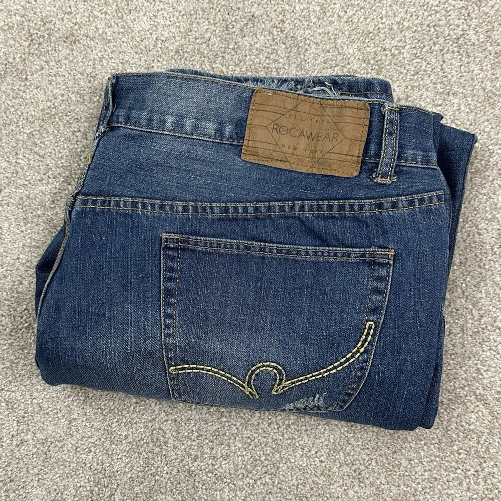 Rocawear Men's Jeans Size 46x34 Distressed Classic Fit‎ BAGGY Blue Denim